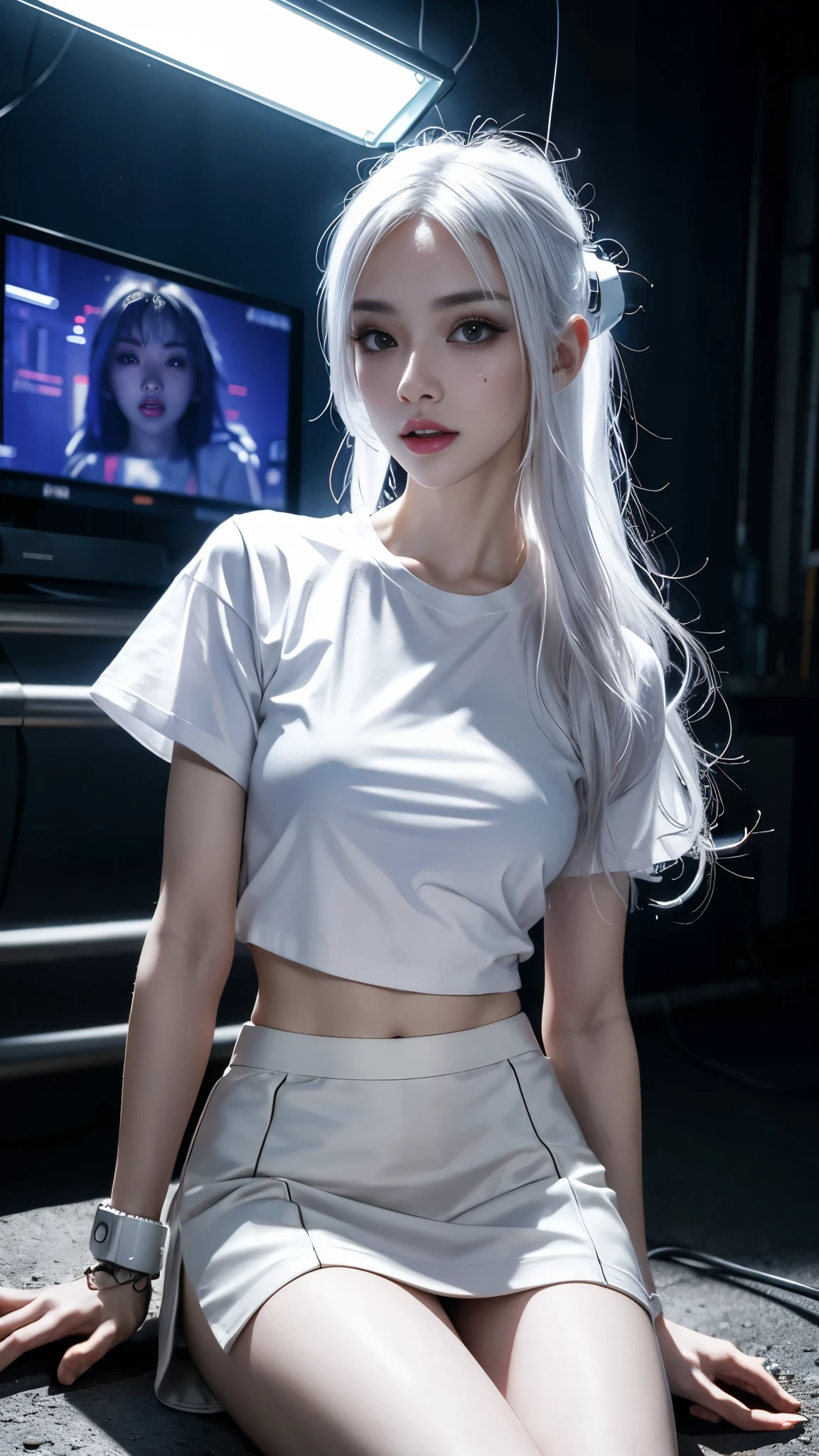8k, UHD, masterpiece, 1 girl, ((good face)), very long hair, light makeup, (white skin:1.2), detailed eyes, small bust, simple cyberpunk clothing, ((white t-shirt)), ((mini skirt)), (cyberpunk lighting:1.4), (building roadside), light effect, light reflection, ((spreading lights)), cyberpunk, cybercity, futuristic, (night), ray tracing, bloom, perfect pose, sitting,