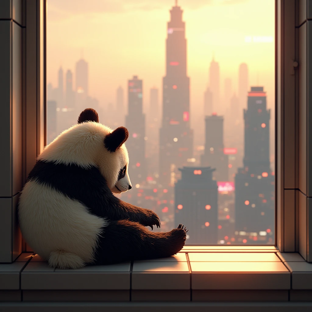 Highest quality、A futuristic city bathed in the morning sun、Watching from on high、Night view、8k、Fluffy, Panda's soft back、masterpiece,