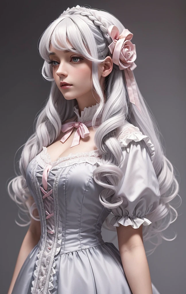 masterpiece, victorian style, White hair, beautiful victorian hairstyle with pink thin satin ribbons, Large curls, wig, Gray background