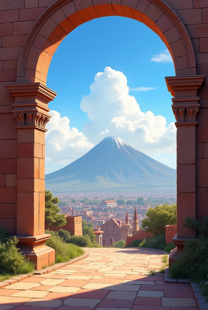Yanahuara Viewpoint: A viewing point with carved ashlar arches, offering a panoramic view of the city of Arequipa and its three guardian volcanoes, in a quiet and picturesque environment. only stage without people in disney pixar drawing ,The stage is 4 arches