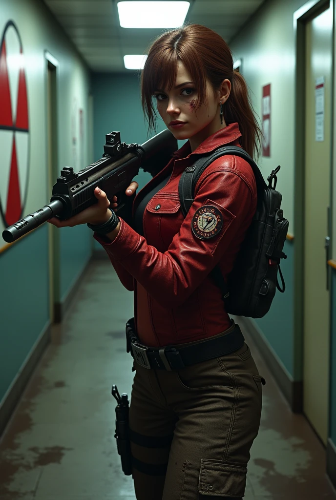 faithful image of the character claire redfield from the game "resident evil 2 remake", dressed in typical daclair redfield clothing, inside an umbrella corporation hall as its symbol on the walls, shooting zombies, she has a bruised face and torn clothes