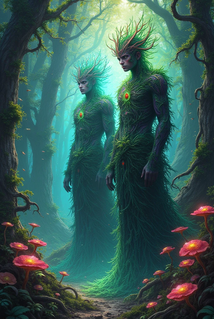 Forest gods, with vibrant colors and psychedelic background