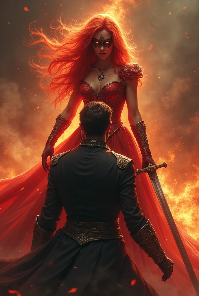 red hair in a fiery atmosphere,masked, and the princess who hides a sword behind her and looks at her with angry eyes like fire and a very, very handsome prince kneels before her and begs and looks into the princess&#39;s eyes with timid eyes , THE PRINCESS LOOKS AT THE PRINCE FROM UNDER HER MASK WITH ANGER, BUT IN AN ANGRY WAY