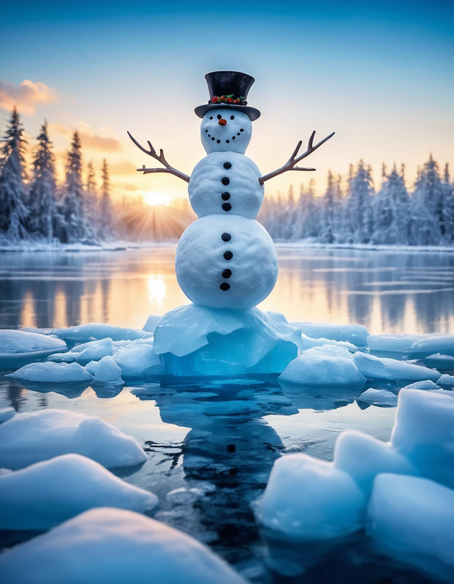 Capture a breathtaking winter scene: a majestic snowman stands tall on the edge of a frozen lake, surrounded by intricately crafted twigs and delicate frost formations. Framed against a crystal-clear blue sky with subtle wisps of cloud, the 8K masterpiece showcases unparalleled detail and depth. The subject's scarf flows gently in the cold breeze, as the ice lake's smooth surface reflects the snowman's imposing figure in perfect harmony. ImgFixerPre0.3