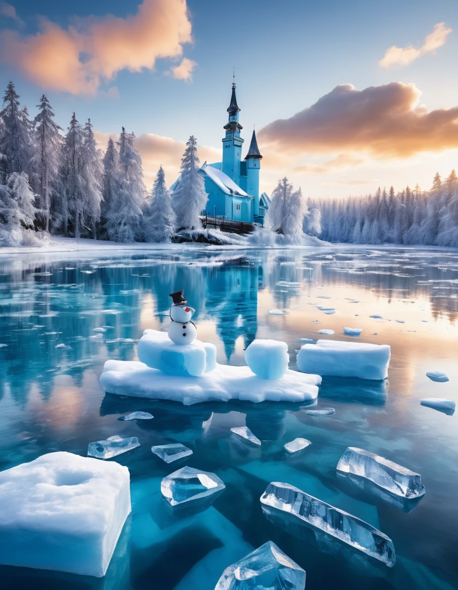 Capture a breathtaking winter scene: a majestic snowman stands tall on the edge of a frozen lake, surrounded by intricately crafted twigs and delicate frost formations. Framed against a crystal-clear blue sky with subtle wisps of cloud, the 8K masterpiece showcases unparalleled detail and depth. The subject's scarf flows gently in the cold breeze, as the ice lake's smooth surface reflects the snowman's imposing figure in perfect harmony. ImgFixerPre0.3