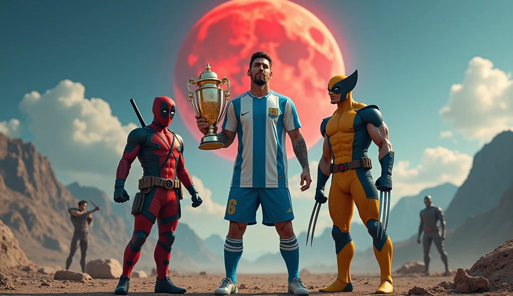 Generate an image showing Lionel Messi wearing the Argentina shirt next to the red Deadpool and the yellow Wolverine, The landscape must include an apocalypse or the end of the world and mountains in the background., under a blue sky with some fluffy clouds and a big red moon . Messi must be holding the Copa America ball on his left foot and also have the World Cup in his right hand.. While Deadpool is making funny poses as he knows how to do and Wolverine is next to Messi, they should not be so close together 
