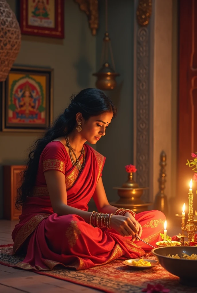 A mother wearing red saree, sitting in pooja room