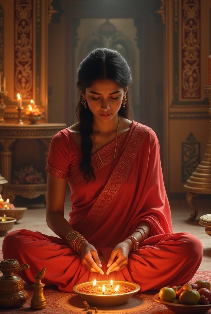 A mother wearing red saree, sitting in pooja room