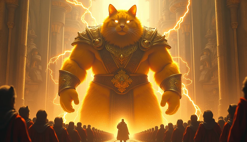 A cat, Color is yellow, So big it could swallow a poem, Holy, Seongsu, Stand on two legs, muscular body, Dressed in angel's clothes, A cat with a human face, Wearing the armor of a medieval emperor,크기가 도시만한 고양이god, Rich medieval ancient city background, It is 100m in size, god화속세상, high detail, 8k, photorealistic, hyper realistic, god, Electricity surrounds the body, The eyes glow yellow., The crowd is bowing down to him..