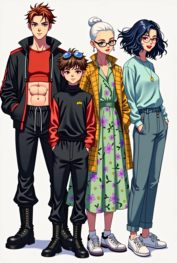 4 characters with a book cover style. Design 1: An athletic redhead wearing a tight red crop top, black jogger pants, black boots and black and red sports coat, Black Xuxa. He has green eyes and a mole under his eyes.. Design 2: a very white boy in a long black turtleneck jumpsuit, Yellow and black checkered coat, Black shoe and hanging welding goggles. Almost white blonde hair and black eyes. Design 3: A girl in a light green floral dress with a lilac print, White dress shirt underneath, White heeled shoe with white flower clip, light brown curly hair, honey colored eyes and black skin. Design 4: Asian, Light blue long sleeve sweater, White sneakers, denim trousers, thin silver glasses, Dark blue hair and light blue eyes. dimples. Fish shaped birthmark