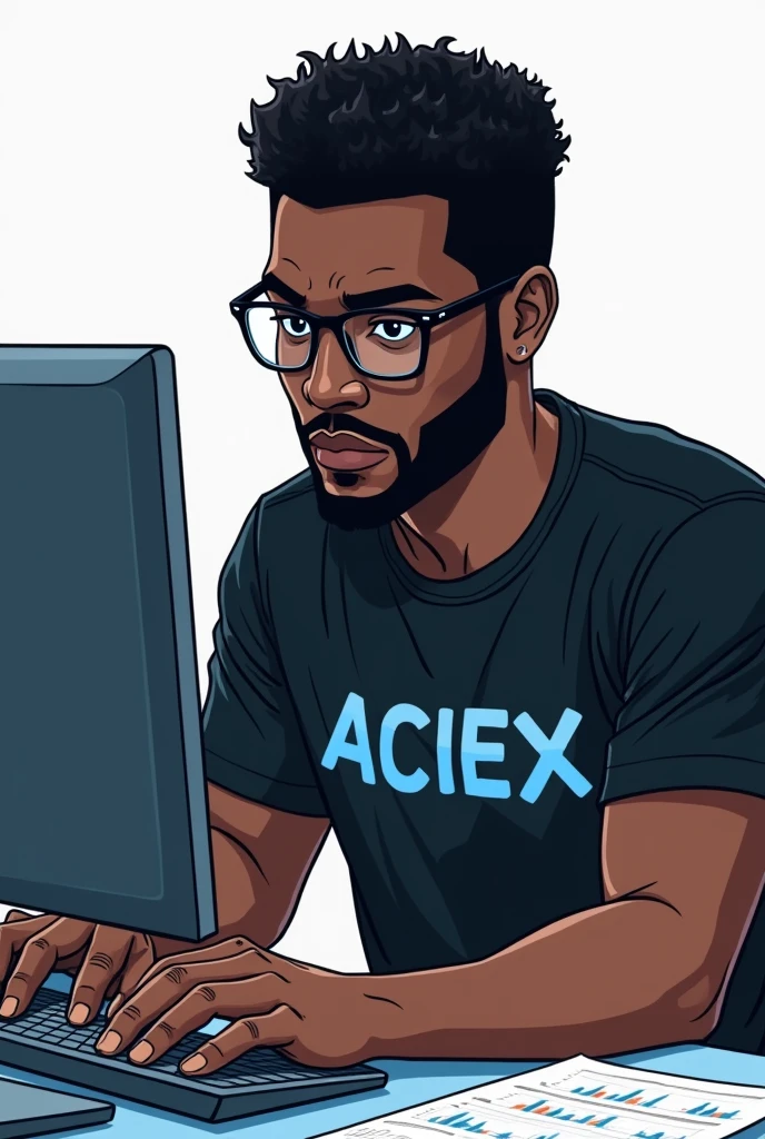 Drawing of a black nerd man, de camiseta preta, written Aciex, the blue colored Acie, the white colored X, he is analyzing data