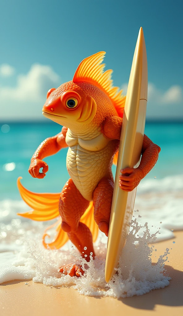 A muscular, chesty, shirtless goldfish on the beach holding a surfboard