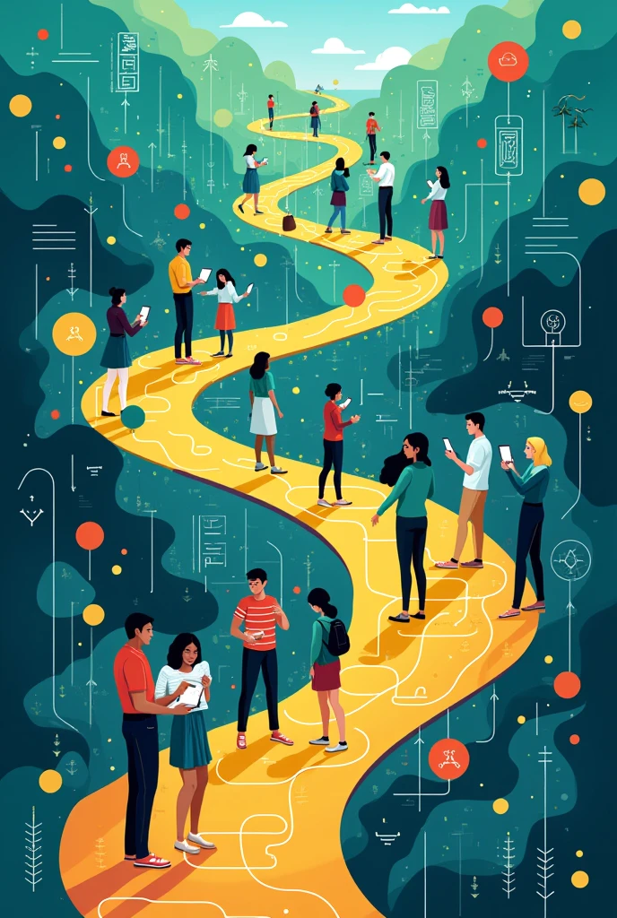 poster showing A vibrant, interconnected network of digital pathways leading to a sustainable future. Include symbols of technology (e.g., smartphones, laptops, coding), sustainability (e.g., trees, clean energy), and youth (e.g., diverse group of young people).