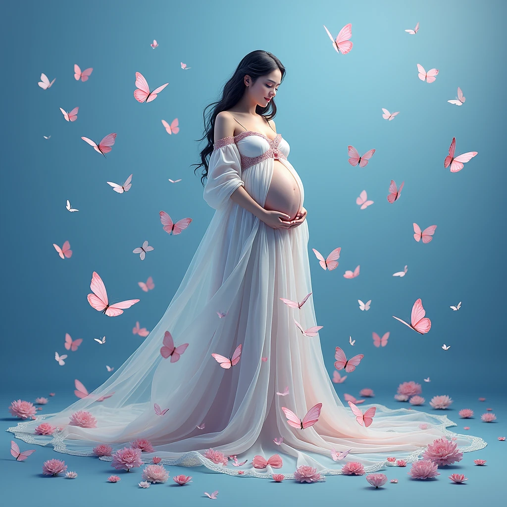 red gown , A pregnant woman stands amidst a flurry of pink and white butterflies, her flowing red dress cascading around her like a waterfall. She cradles her belly with both hands, embodying the serene beauty of anticipation. The backdrop is a soft blue gradient, adorned with scattered flowers in hues of pink and white, enhancing the ethereal atmosphere.