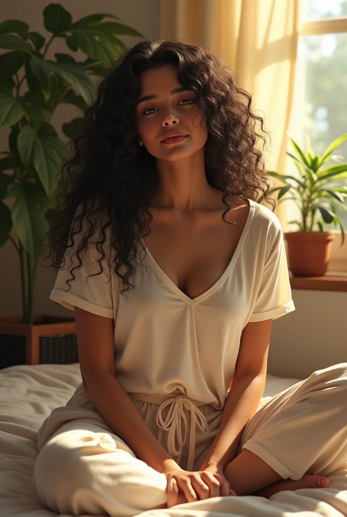 (photorealism:1.2), beautiful indian woman, sitting on bed, wearing loose t-shirt, pajama pants, long curly hair, indoors, soft lighting, plants in background, window with sunlight, cozy room, relaxed pose, realistic, intricate details, warm colors, by Greg Rutkowski, by Alphonse Mucha