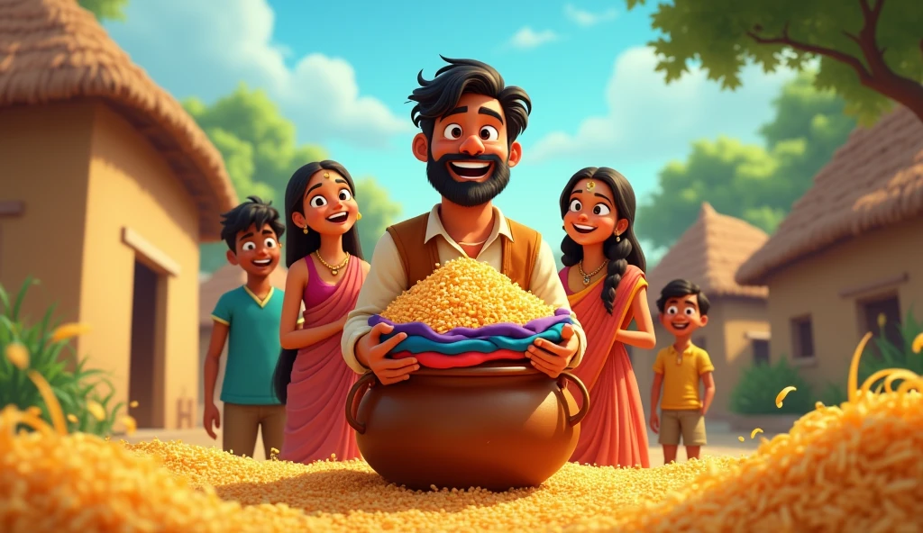 In cinematic 2d cartoon style log shot indian village The farmer joyfully holding a pile of grain and new clothes that have multiplied from the pot, with his family smiling in the background close