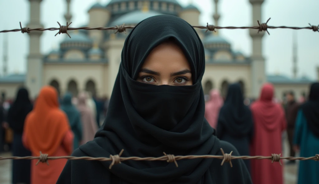 A young Muslim woman, wearing a thin black coat, ((face covered)), ((her head covered with a black scarf)) standing behind a barbed wire fence, ((her large beautiful eyes exposed)), in the background there are many Muslim women in traditional clothes standing in front of a mosque