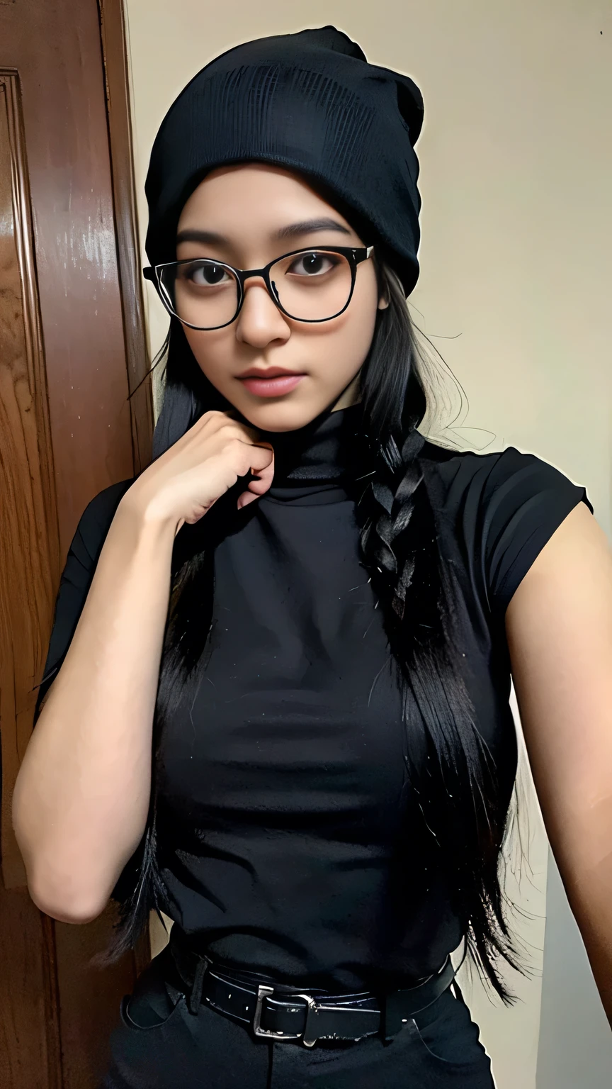 masterpiece, high quality cg, anime, illustration, best quality, 1girl, bound, bondage, beautiful face, detailed face, cowboy shot, dokkaebi, 1girl, solo, looking at viewer,  black hair, braid, glasses, black gloves, belt, pants, black eyes, twin braids, streaked hair, black headwear, bodysuit, black pants, round eyewear, black bodysuit, beanie, hair behind ear, 