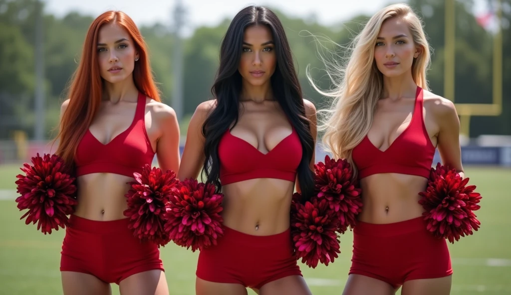 ultra realistic, photography, three hot girls: one with long straight red hair, (30 years old, hourglass figure, perfect body, natural medium breasts), the second one: long black straight hair, (30 years old, hourglass figure, perfect fit body, natural big breasts), the third one with long straight blonde hair, (wavy elegant hair, blue eyes, perfect round lips, 30 years old, gorgeous face, voluptuous figure, perfect fit body, big enhanced breasts), they have perfect round cleavage, great cleavage, they are cheerleaders in red skimpy short uniforms on a footballfield, they have pompoms in their hands and are doing sexy cheerleading