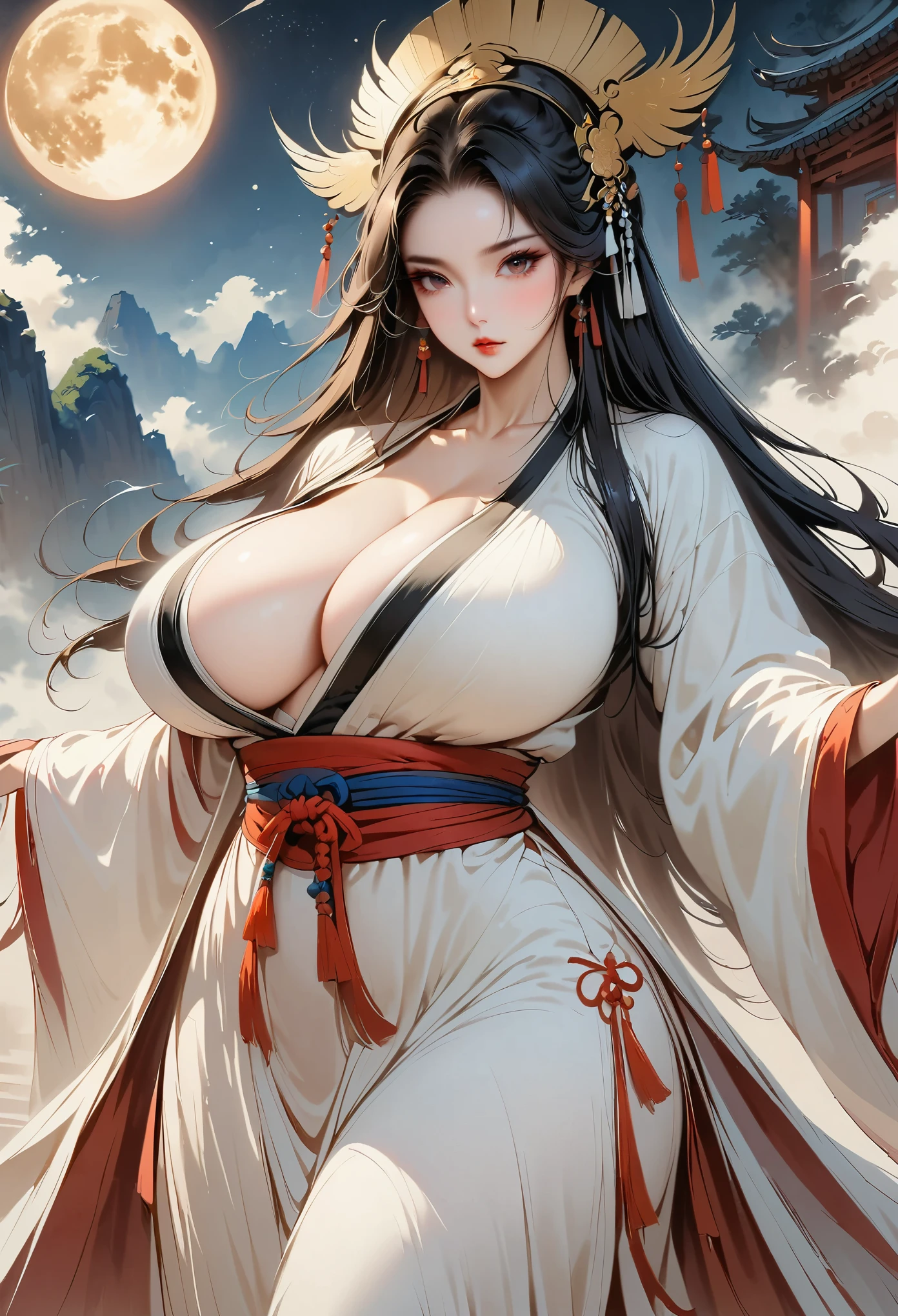 Master works, masterpieces, high quality, extreme detail, classical beauty, ((1 girl,huge oppai,black long hair,cleavage)), standing, (Hands hidden in sleeves), (wearing pure white Taoist robe), ((delicate face)), (best details), ((black eyes)), ((Golden Taoist headdress)), ((long Taoist boots)), sun, moon and stars background, ambitious