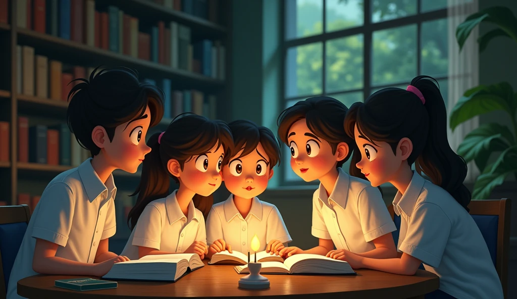 Cartoon,A group of students wearing white shirts gathered in a dimly lit library, their faces illuminated by the warm glow of the reading lamps. They whisper secrets about a mysterious, hidden garden within the university grounds.