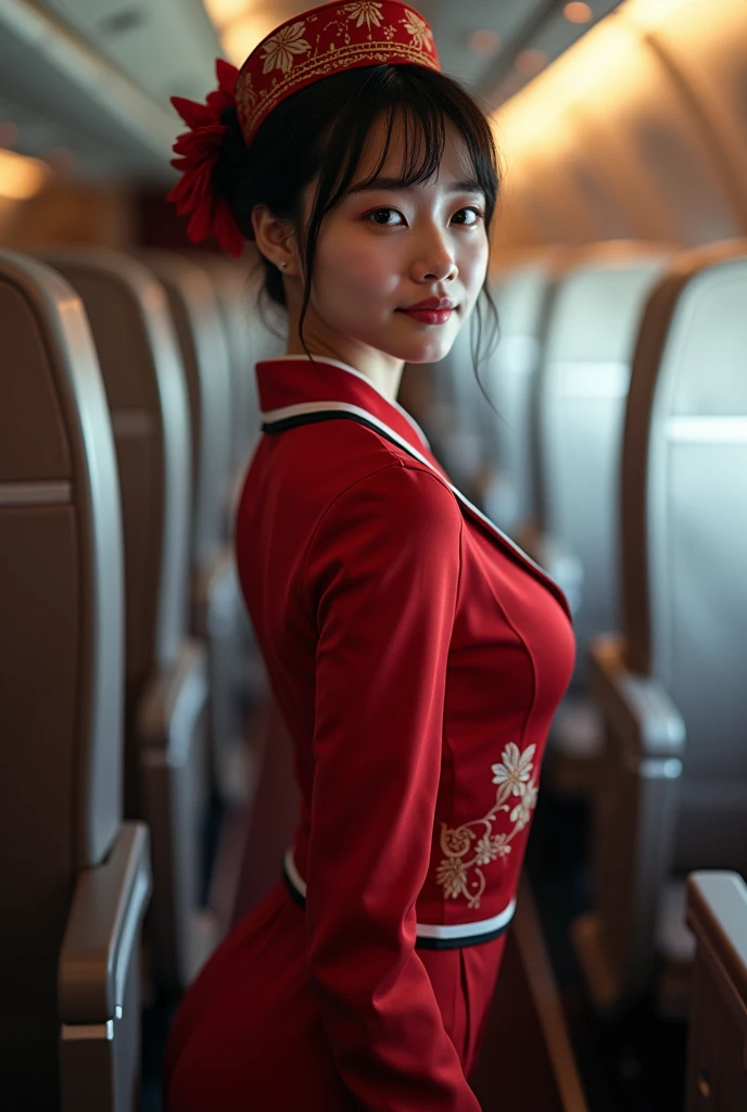 diffused lighting、 best quality, high resolution, unity 8k wallpaper、supersaturated, Japanese、1 woman、23age、(masterpiece), best quality, best quality, detailed and complex, whole body, high resolution, (16age),very detailed_eye, sexy chest, (eyeliner:0.5),(blush:0.5), detailed skin, Show viewer, light smile, Cabin Attendant、inside the airplane、 ((flight attendant uniform)), (black pantyhose:1.1), Black high heels, Black short skirt uniform, on the plane((inside the airplane:1.2, Motion Capture)), back, complete anatomy, (depth of written boundaries:1.1),change:0.1,realistic:1.3, (Zhou Haoguang:1),(structure of the film:1.3), (best quality, high resolution, realistic, original, 8k,masterpiece, ),best quality, masterpiece8k.high resolution. high-lip:1.2, film grain, Blurry bokeh:1.2, lens flare, (bright colors:1.2), (feeble),nudity