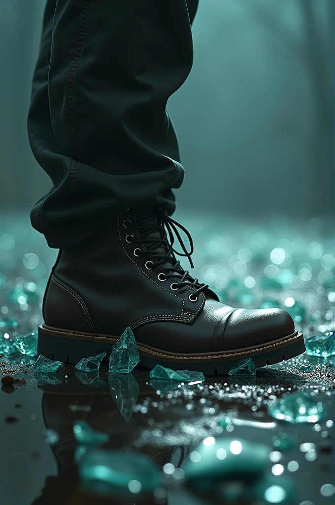 A foot walking on broken glass