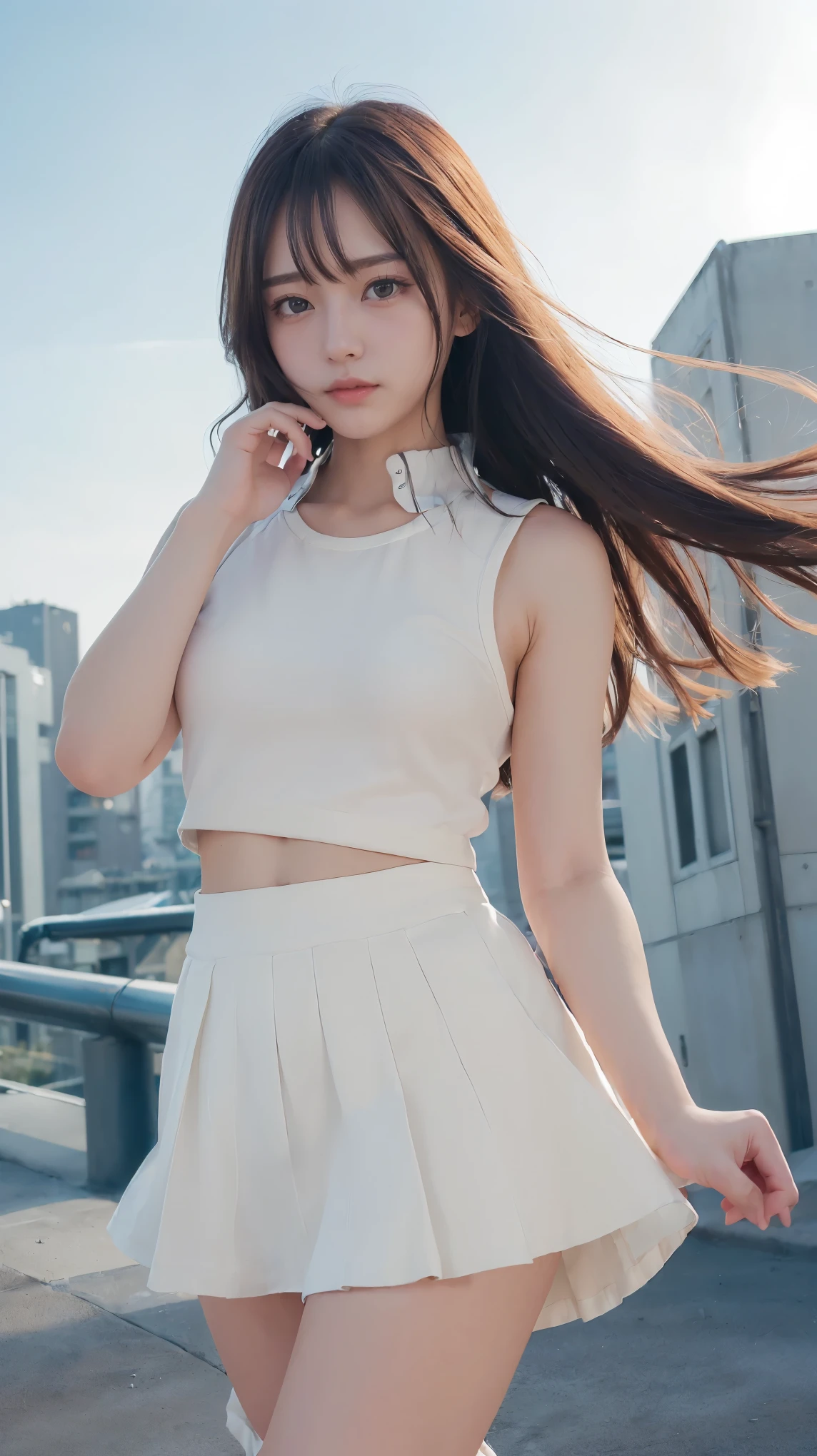 (((Two innocent and cute high school girls in a futuristic city))), (The strong wind makes my skirt flutter:1.4), (((I can see your underwear))), Beautiful straight hair, Brown Hair, Immersion, Beautiful Eyes, ((Thin thighs, Inner thighs:1.2)), Slender body line, ((Tight waist:1.2)), (Japanese Idols, Baby Face, beautiful girl), (Perfect Anatomy:1.2), Beautiful breasts, Beautiful buttocks, (Highest quality、Highest quality、Masterpiece、Ultra high definition、Reality:1.37), (Detailed eyes and face:1.3、Professional photography techniques)、(Detailed hands、The right move:1.1)、((Beautiful hair and skirt fluttering in the wind:1.3))