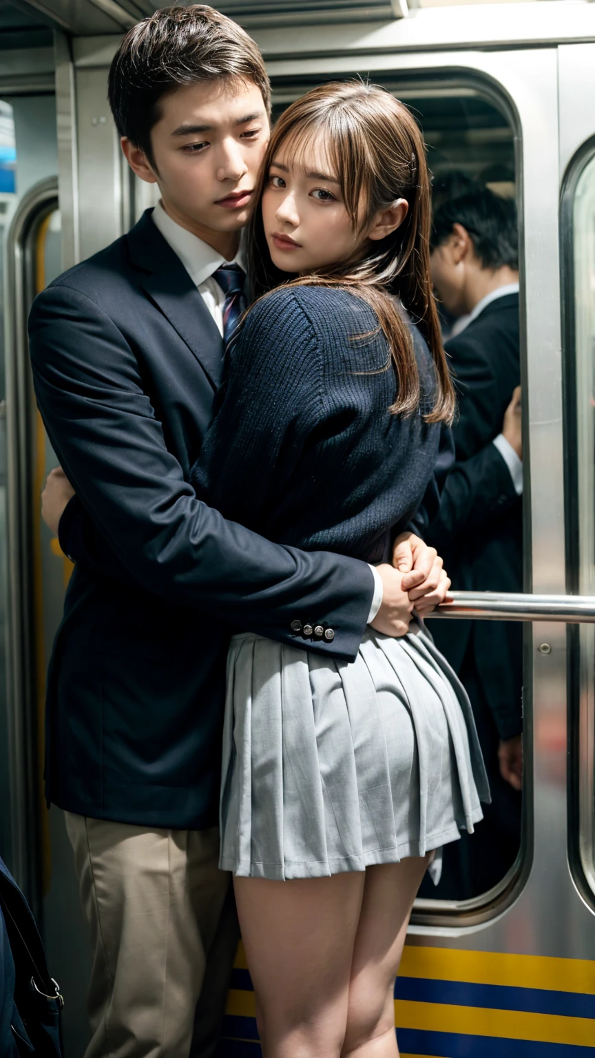 NSFW, crowded train, Japan , Handsome man hugging her from behind, Talking in her ear, lift her up, miniskirt twisted upwards, 40k, photograph, masterpiece, highest quality, dark gray background, ((Japan girls' high school uniform)), A man leans on her from behind、I held you up, Mr.々Hit the pose., large breasts