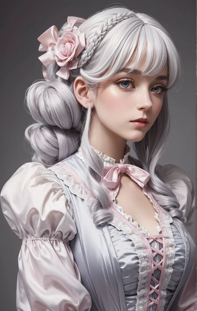 masterpiece, victorian style, White hair, beautiful victorian hairstyle with pink thin satin ribbons, Large curls, wig, Gray background