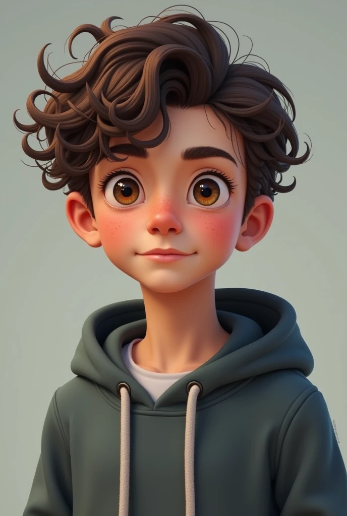 Handsome boy,curly hair,feded hair cut,small eyes,two hands,two leg, wearing a huddy