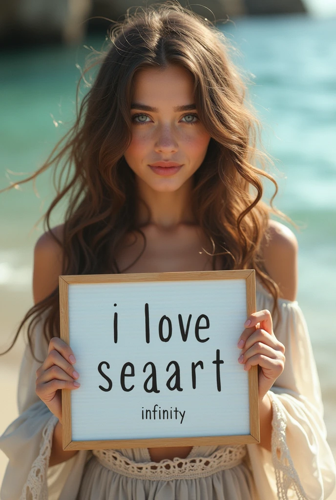 Beautiful girl with wavy long hair, bohemian dress, holding a white board with text "I Love Seaart Infinity" and showing it to the viewer