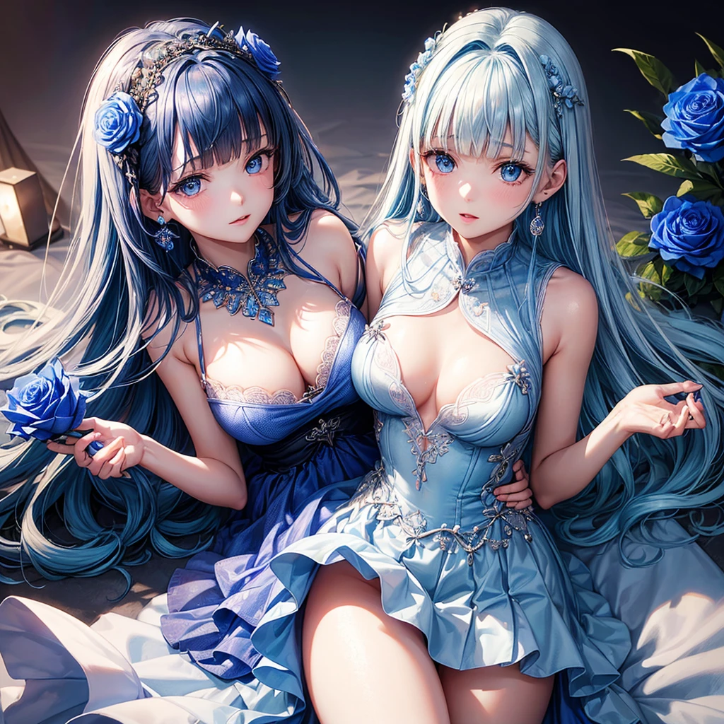 ((Highest quality)),(Ultra-high resolution),Blue dress with flared skirt,The dress is made of blue roses、Highly detailed CG Unity 8k wallpaper, , Earrings, Blue hair, Curly Hair, Blunt bangs, Straight bangs, Blue eyes, White skin, Gal, Improve、Flat Chest、Her cleavage is hidden by her dress so you can't see it.、Reduce exposure、