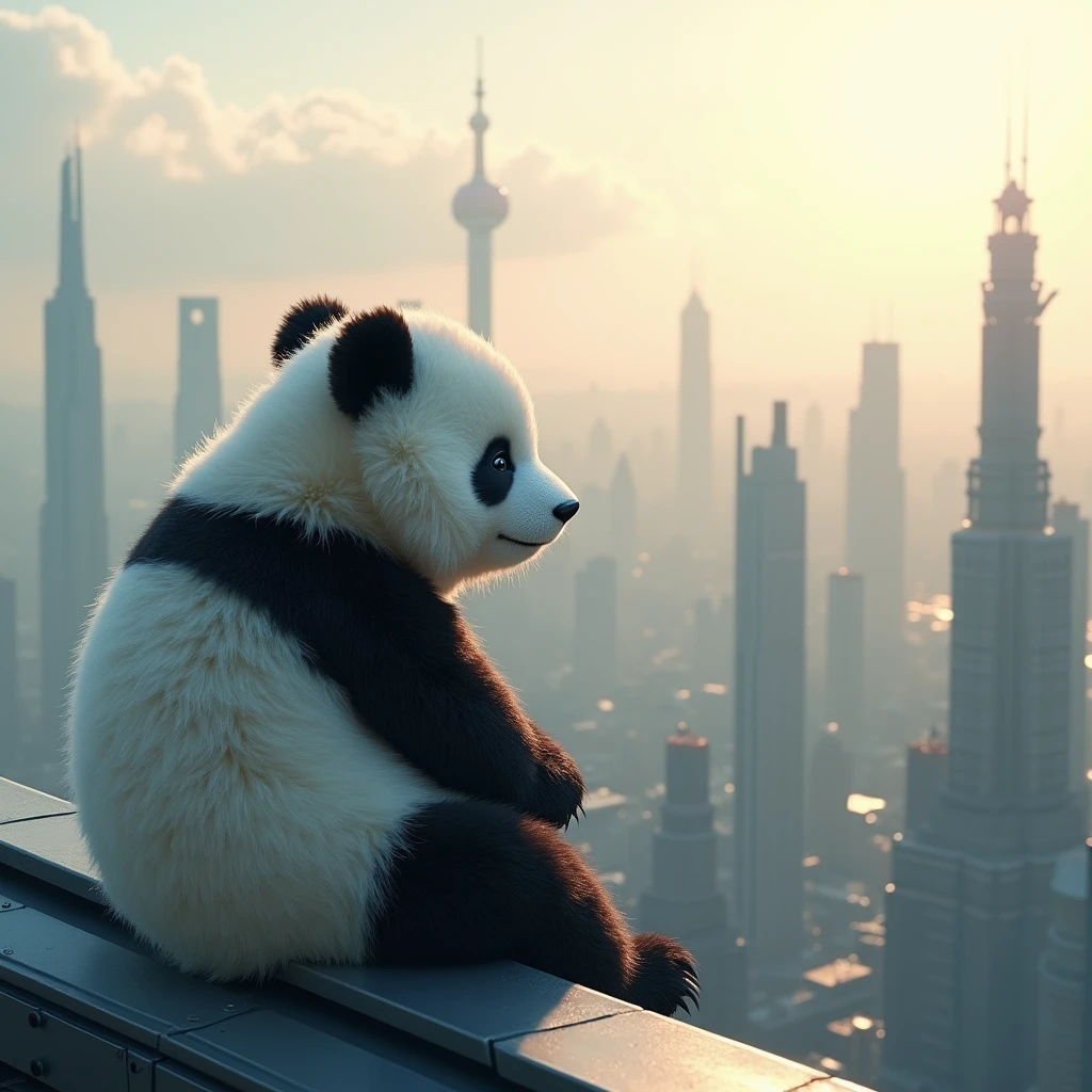 Highest quality、A futuristic city enveloped in the silvery white morning sun、Watching from on high、Night view、8k、Fluffy, Panda&#39;s soft back、masterpiece, 