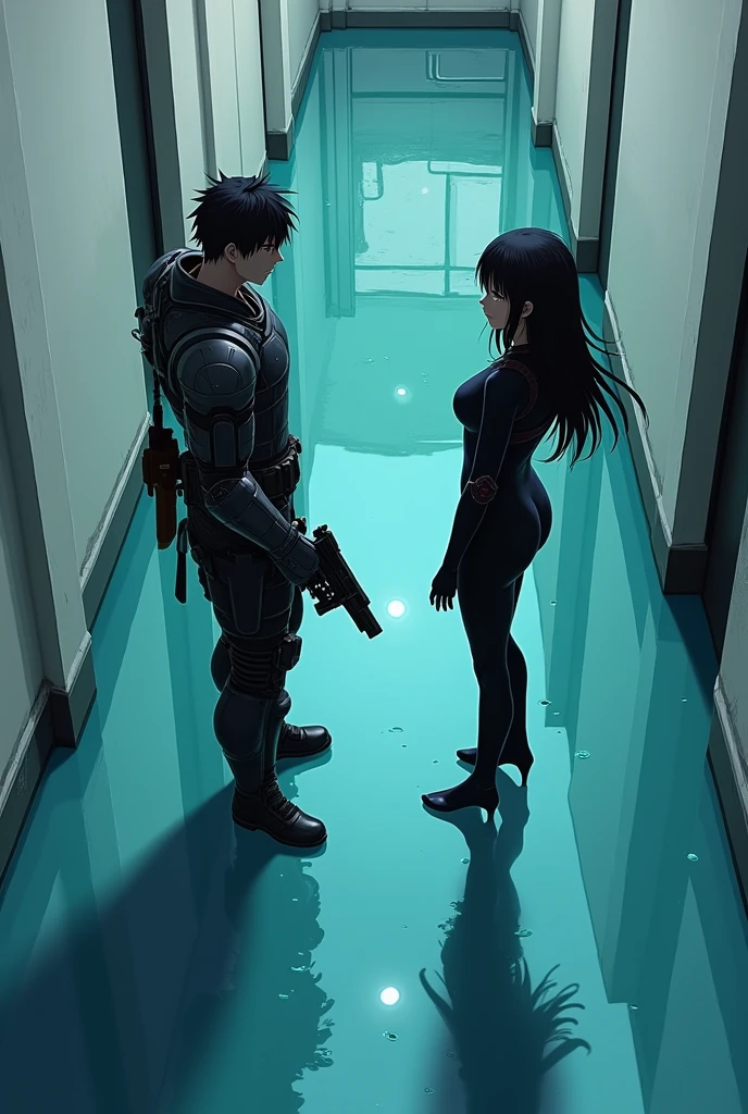 The image is anime style with shadows and dim lights, anime style although somewhat adult and dark, It shows a scene of an alley with white walls., and whose soil, It's like crystal clear water, which perfectly reflects what happens on its surface. In that alley a man with armor on his arms and holding a gun is fighting., against an android with long black hair and a latex suit. The image is focused from above, so you can barely see the fighters in question.