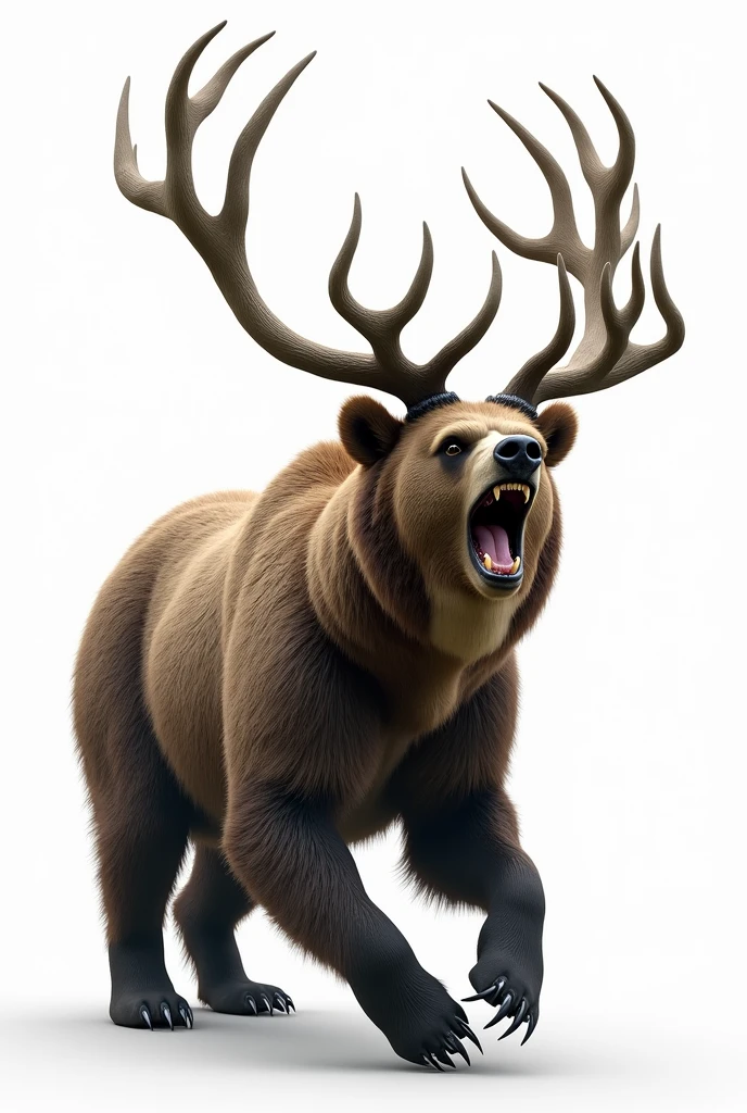 On a white sheet, a grizzly bear with deer horns is standing slightly to the side showing its claws with its mouth open