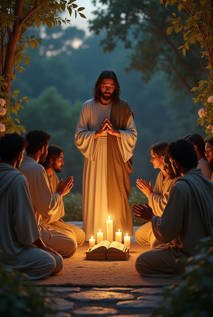 Create a realistic and inspiring scene of a night of prayer with Jesus. Imagine an intimate and spiritual setting at dusk, with the light of twilight creating a soft golden glow. In the center, represent Jesus realistically, with authentic traits and a serene and welcoming expression. He should be dressed in a simple and natural robe, and his posture should reflect a quiet blessing.
Around Jesus, include a diverse group of people - men and women of different ages and ethnic backgrounds - kneeling or sitting in prayer positions. Make sure your expressions show deep devotion and calm.
The setting should have a sense of authenticity, with realistic details like burning candles, a modest altar and a visibly worn prayer book. The background can be a natural environment like a garden lit by the soft light of the evening or a small clearing in a quiet forest. Include natural details such as trees and flowers, with the light of twilight gently filtering through the leaves. Use a palette of warm, soft colors - gold, blue and green - to evoke a sense of peace and reverence. The scene should convey an atmosphere of tranquility and spirituality, as if capturing an authentic moment of connection and prayer.