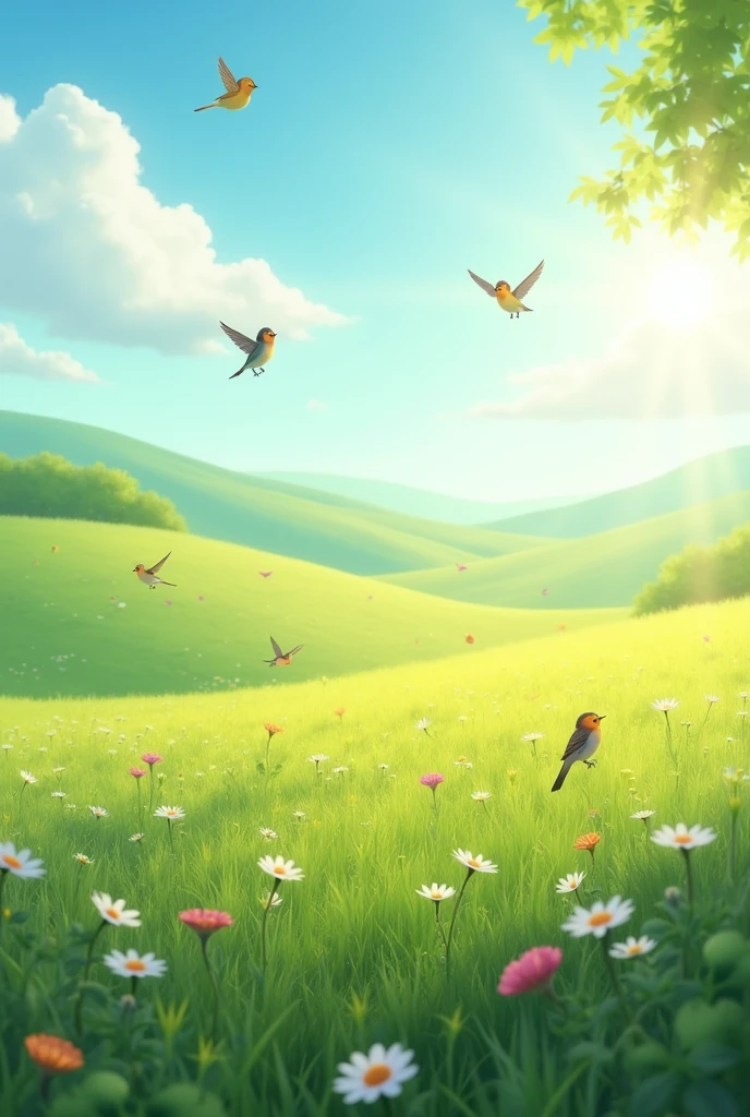 Sunny field with small birds