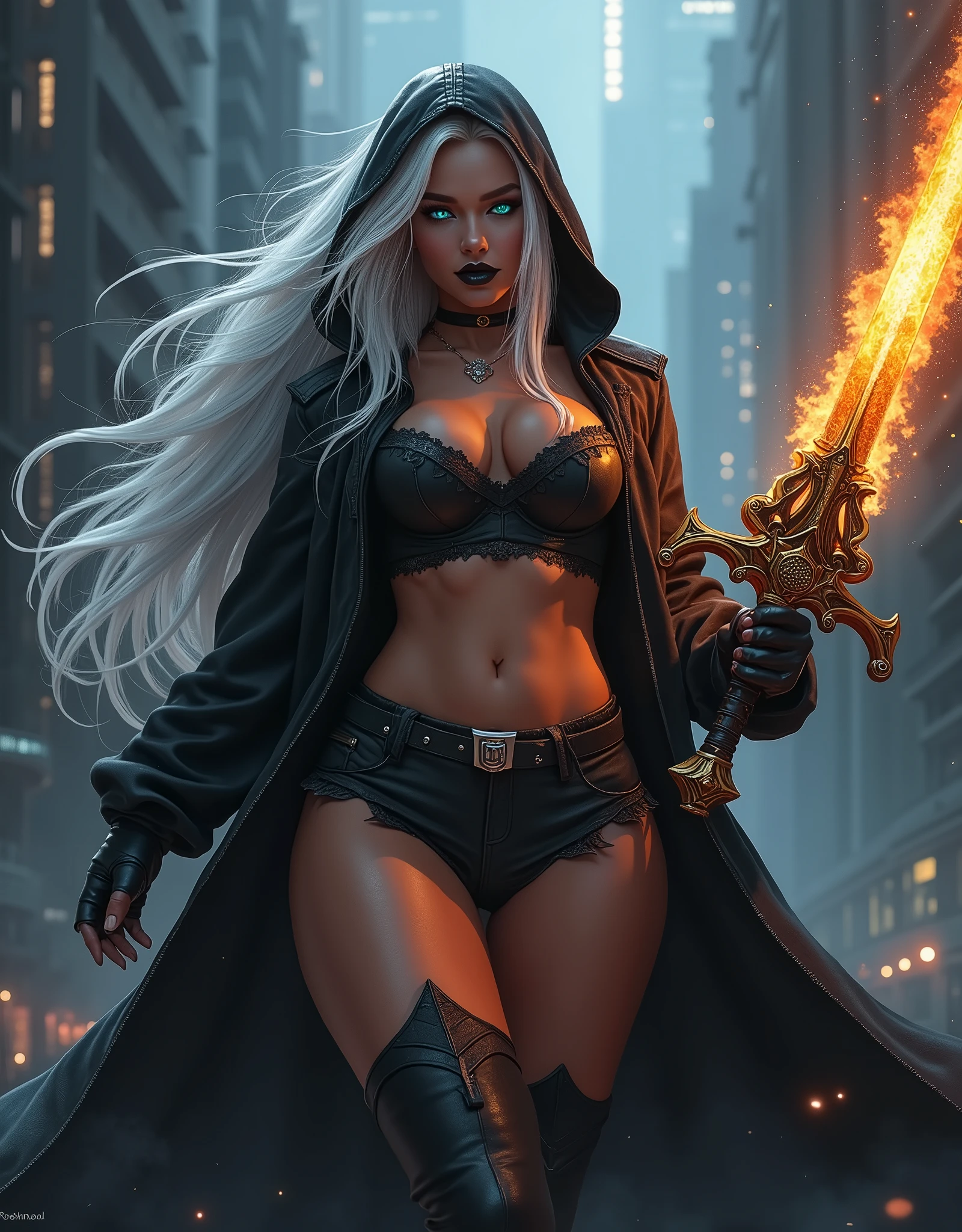 ((Close-up)), tall, (White hair) beautiful muscular woman, long straight hair, light brown skinned, closed smile, big breast, (black lipstick), (massive muscles), (hyper muscle), ((ginormous bulky muscles)), glowing blue eyes, ((black hooded coat and long black shorts)), (carrying a giant fire sword), choker, thigh high boots, (Dark and moody universe:1.3)