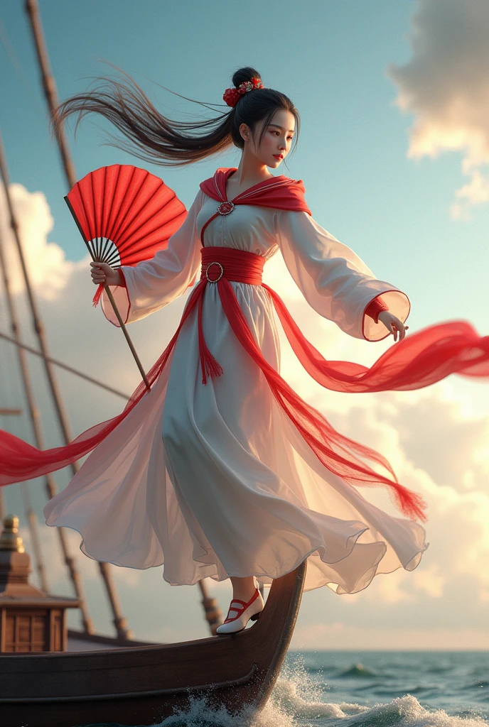 (masterpiece, best quality, beauty, best ratio, best shadows,best Illustration)
uhd,china female kungfu, korean beauty like tae yon, dancing, full face and posture fully visible, shining red eyes, windblown hair, wear white chong sam and traditional cotton shoe,red hoody,hand holding red chinese leaf fan and long sword,on the bow of the ship.bright sky and cloud seen on far away. use the RenderMan renderer.digital art. High definition, high contrast,high color saturation,128k,cinematic lighting, intricate,cinematic advertising photograph,cinema lens,high res.
Samsung Wallpaper size