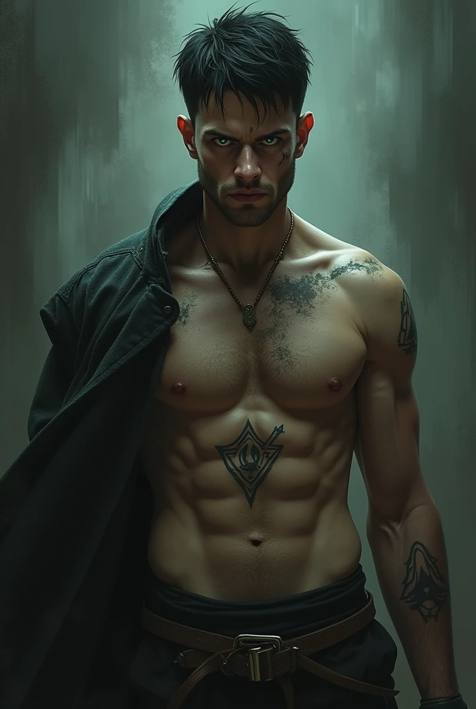 Light-skinned man with green eyes, short black hair and a tattoo on his abdomen (in triangular shape) with scars on the face (dark fantasy) and 3