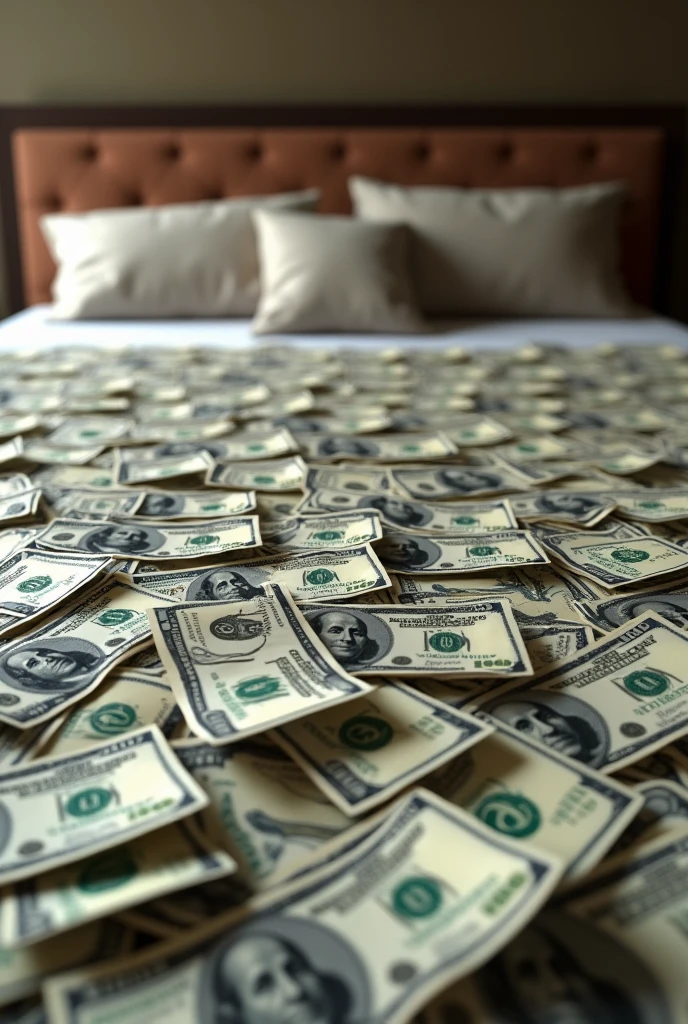 Create an image with 30 thousand dollars in 100 dollar bills on top of a bed with the money spread out