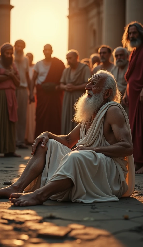  Low angle shot, (Chrysippus “A wise, elderly man with a long, flowing white beard, full white hair on his head and piercing eyes, dressed in a simple but elegant white toga”, collapsing onto the ground, unable to stop laughing. His body is curled up, his face contorted in a mix of joy and pain as the laughter overtakes him. The background shows the concerned faces of a few bystanders who have gathered around, unsure of how to help. The light is dimming as the sun sets, casting long shadows and a somber mood over the scene.) unreal engine, cinematic, hyper-real, highly detailed, Ultra realistic HD --q 2 --v 6.1 --ar 9:16  