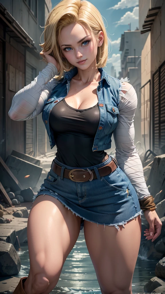 Android 18 da Dragon Ball Z,(best qualityer,4K,8k,high resolution,work of art:1.2)(weather: windy),city ruins background, black shirt, striped sleeves, denim vest, denim skirt, pantyhose, brown boots, belt,short hair,ultra detailed,realisitic,portraite,beautiful detailed blue eyes,beautiful detailed lips,extremely detailed eye and face, long eyelashes,sexly,average,large breasts,beaming smile,powerful girl in a battle, flexing pose,wet clothes,stunning curves,bright coloured,dramatic lighting,