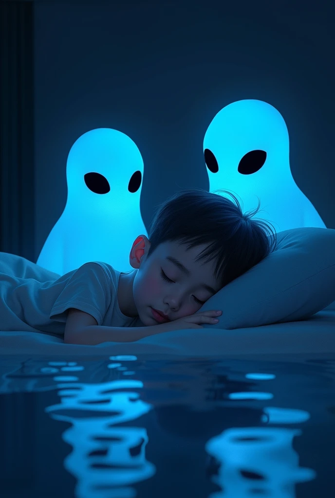 A room at night Boy sleeping, by his side watching him sleep, There are two beings of blue light and black eyes of grey aliens. The room lit up as if it were a reflection of water