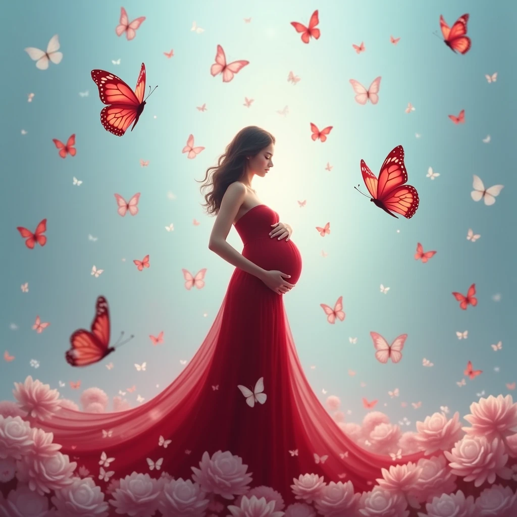 A pregnant woman stands amidst a flurry of red and white butterflies, her flowing dark red dress cascading around her like a waterfall. She cradles her belly with both hands, embodying the serene beauty of anticipation. The backdrop is a soft blue gradient, adorned with scattered flowers in hues of pink and white, enhancing the ethereal atmosphere.