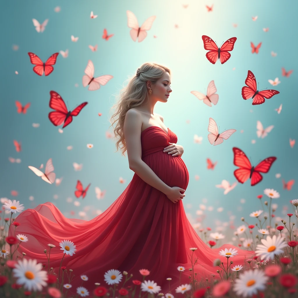 A pregnant woman stands amidst a flurry of red and white butterflies, her flowing dark red dress cascading around her like a waterfall. She cradles her belly with both hands, embodying the serene beauty of anticipation. The backdrop is a soft blue gradient, adorned with scattered flowers in hues of pink and white, enhancing the ethereal atmosphere.