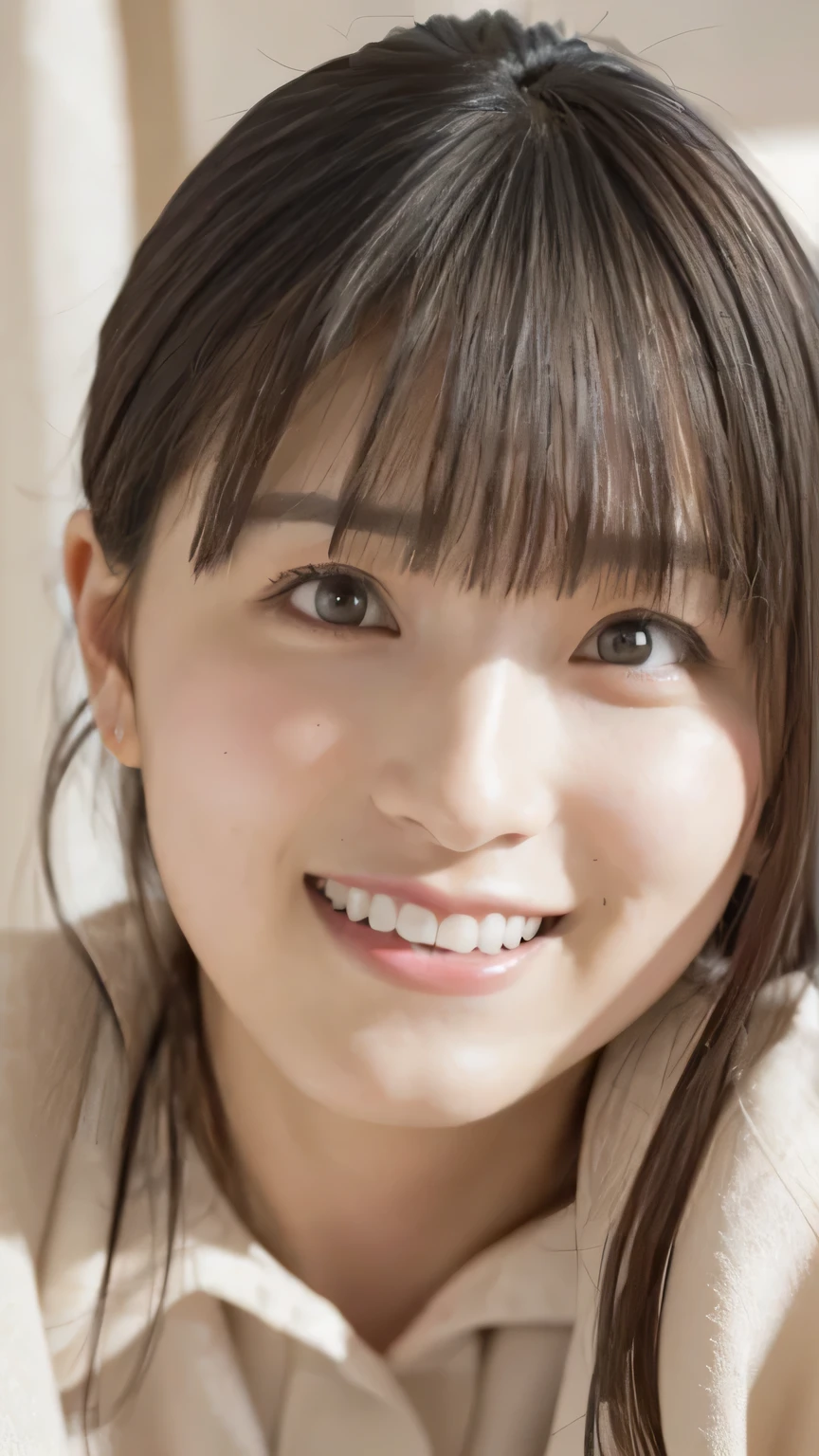 masterpiece, Highest quality, 8k,Ultra-high resolution、(((Close-up photo of the face)))、 cute, alone, Big smile、 cute, like, cute、delicate, Pure beauty, RAW Photos, Professional photography, Soft Light, Professional Lighting, Backlight, Looking into the camera, Sophisticated, Film Grain, (Eye and facial details:1.0), Floating Hair、Messy Hair、Wavy long hair、,Asymmetrical bangs, Round face、Young Face、Translucent white skin