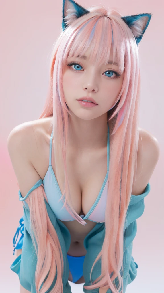 masterpiece, highest quality, 4K, Photorealistic, bokeh, enlightenment,1 perfect portrait of a girl, (A fascinating eye for perfect detail:1.2), colorful hair, (gradient hair), (blue and pink soft long hair:1.6), (Cat ear:1.2), fantasy background, (exposed bare shoulders), (long-term alienation sleeve), (lean forward a little), head tilt, movie lighting, oversized clothes, (seductive pose:1.4), (blue and pink background:1.6), beautiful lite blue eyes, close up,),、(((Voluminous breasts 1.9))) 、 (micro bikini 1.4)、(Saggy breasts 1.4), (cleavage 1.5)、Seductive pose、crawling position on their hands and knees