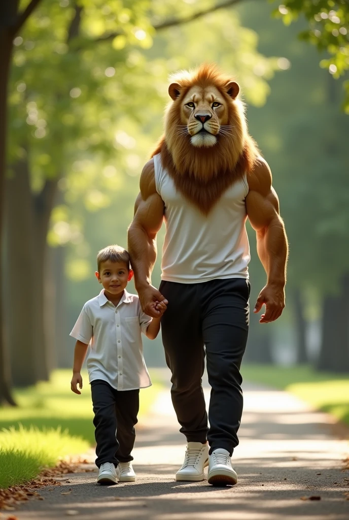 A humanoid body builder lion with his son walking in the park, wearing white shirts, black pants, and white rubber shoes, 8K